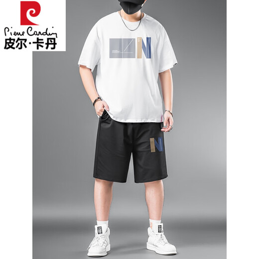 皮尔卡丹男士运动套装夏季大码胖子男装T恤加肥加大短袖短裤休闲两件套潮 黑色9922【一套】 3XL