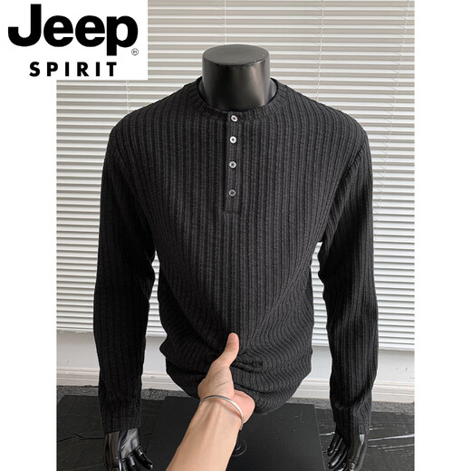 JEEP SPIRIT Henry collar long-sleeved T-shirt men's spring and autumn American round neck sweater high-end versatile striped men's bottoming shirt black M recommended weight 95-110Jin Jin equals 0.5 kg