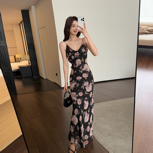 YIOU夏季修身显瘦印花连衣裙时尚长款夏季荷叶边碎花裙子9930 花色 M