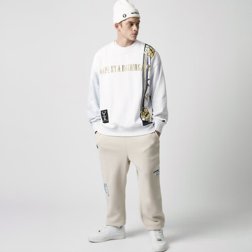 Aape旗舰店男装春夏字母刺绣迷彩图案拼接圆领宽松版卫衣3881XXJ WHX_白色 S