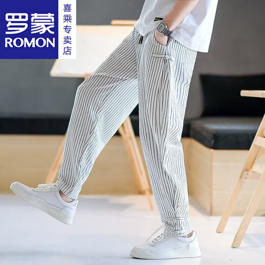 ROMON (ROMON) pants for men's summer fashion brand national trend sports trousers tied feet Harren striped men's pants casual pants linen cropped pants white 2XL 140-155Jin [Jin equals 0.5 kg]