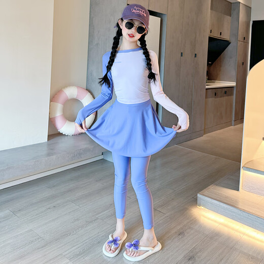 He Jiagong Girls' High-Looking Swimsuit 2025 New Children's Long-Sleeved Long Pants Swimwear Big Children's Girls Split Sun Protection Swimsuit Purple 120 cm