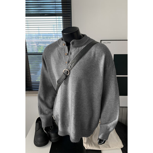 XUANSENTU black Henry collar sweater for men, spring and autumn mature and stable POLO knitted bottoming shirt, lazy style inner sweater, black M