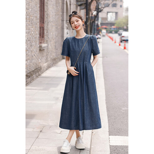 OLJ高档品牌连衣裙女2025年夏季新款复古休闲时尚减龄遮肉显瘦裙子 复古蓝 M
