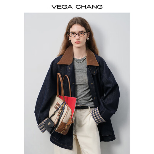 Вега Chang Denim Jacket для женщин 2025 Осень Новый контраст дизайн оценочного оклального дизайна.