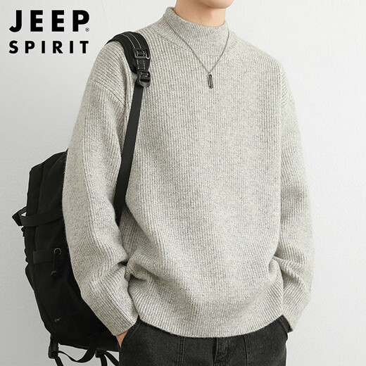 JEEP SPIRIT Jeep half-turtleneck sweater for men in autumn and winter trendy brand sweater for men with loose inner sweater, light gray XL