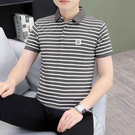 森马（Semir）商场同款男装夏季条纹男士短袖体恤纯棉休闲百搭polo衫男装中年带 黑白QY753 M [建议100-120斤]