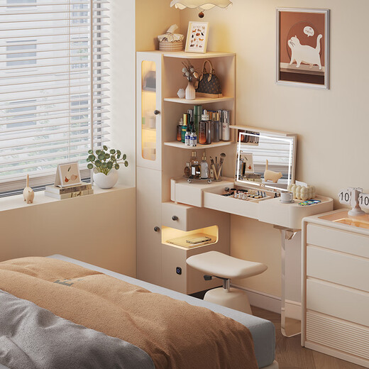Tinymiya bookcase and dresser integrated small apartment modern minimalist bedside storage cabinet safe retractable flip top makeup table 40cm high cabinet left opening + lift stool hollow in the middle - reserved socket