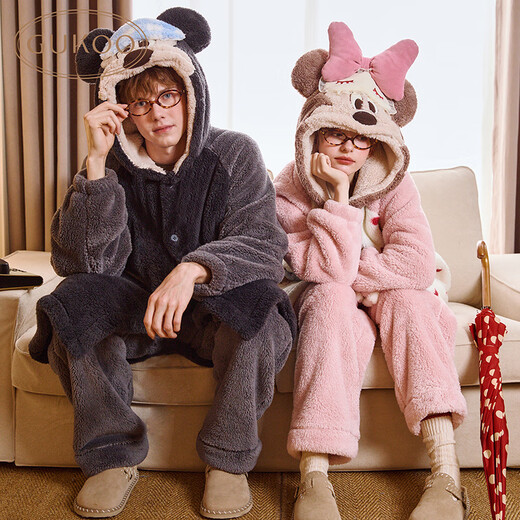 Gukoo Couple Pajamas Winter Coral Velvet Warm Disney Co-branded Raglan Sleeve Women's Home Clothes Set Men's Pajamas D Bear Black Men's Suit XL