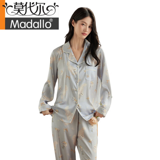 Modal 2025 Casual Pyjamas für Frauen im Frühling und Herbst Neue Heimkleidung Set süß bedrucktes Ice Seide Pyjamas Langarmes Zwei-teiliger Set für Frauen 8185# Light Blue M.