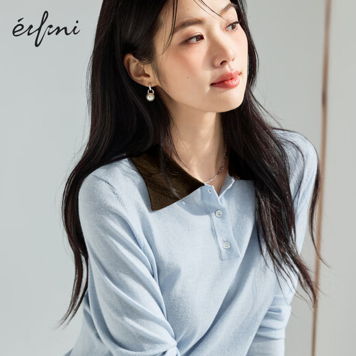 Eifli (eifini) Eifli contrast color POLO collar long sleeve pullover knit sweater fashionable top for women 2025 autumn new light blue S 80-105Jin [Jin equals 0.5 kg]