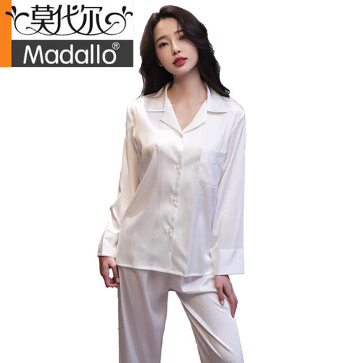 Modal 2025 neuer Seidenpyjamas für Frauen im Frühling und Herbst Dünne einfache Fischgräten einfache Langarm Set Home Clothing 6623 Weiß M.