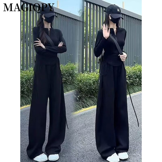 MAGIOPY国际奢侈高档品牌2025春酷辣休闲运动套装女修身收腰显瘦黑色长袖 黑色两件套 S(100斤以内)