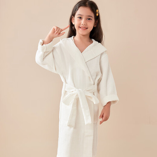 bebedogA pure cotton children's bathrobe double-layer waffle cotton absorbent yukata spring and autumn long sleeve hood nightgown pajamas sky blue (for both men and women) 150 (12A) (suitable for height 145-160cm)