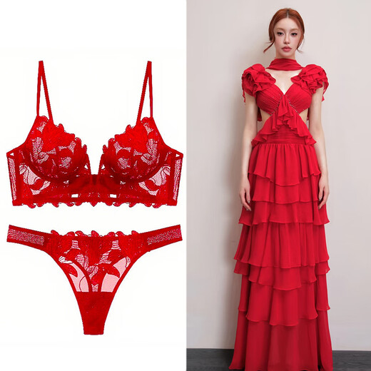 Victoria Palace Sexy Bra Set High-end Underwear Women's French Lace Bra Thin Push-Up Underwear Bra Wine Red Set 75A M/34BC Cup