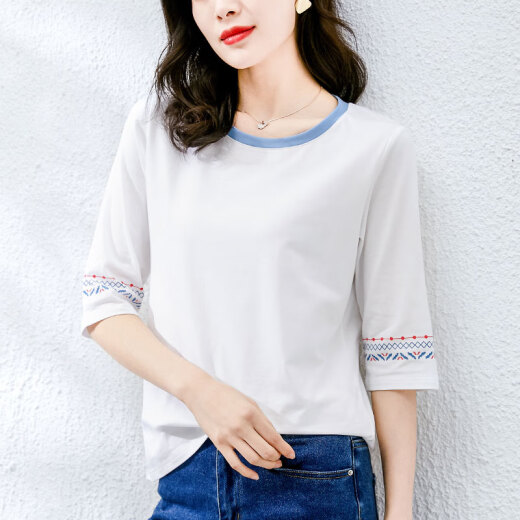 恩若凡七分袖t恤女时尚女装洋气显瘦遮肚夏季2025年棉中袖装宽松短上衣 1XS337白色+W6172冰蓝 M 均码