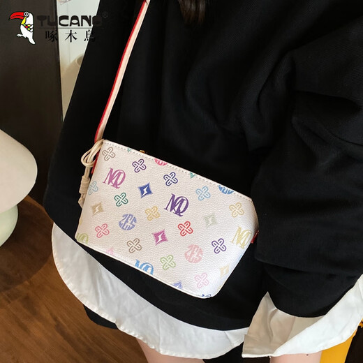 啄木鸟今年流行包包女2025新款夏天感百搭小众斜挎包超火印花水桶包 白色+挂件