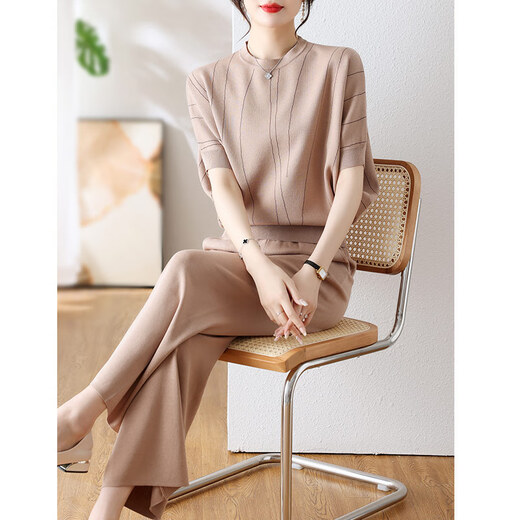 妈妈装2025新款春装两件套气质冰丝短袖中老年女夏季针织套装 9923灰绿 3XL _【建议145-160斤】