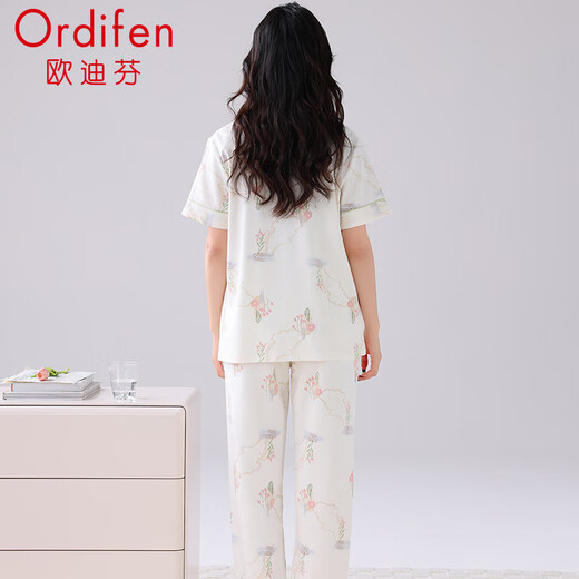 欧迪芬（Ordifen）女士睡衣女夏季100%纯棉短袖长裤家居服女舒适可外穿翻领休闲套装
