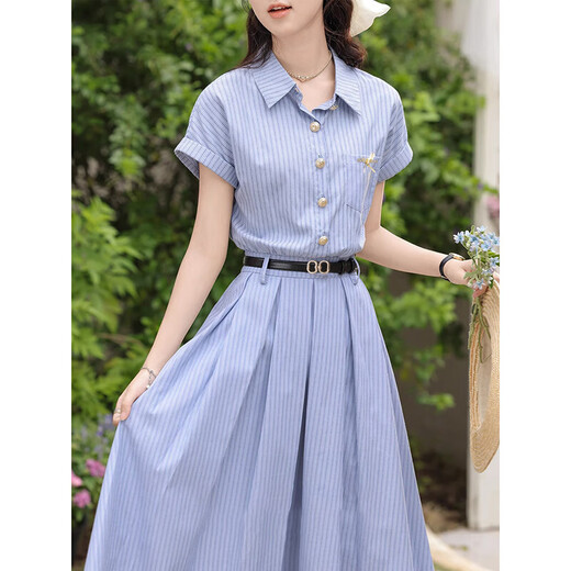 
[Give a belt] Literary and elegant blue dress for women 2025 new summer slim dress D1390 Blue S [100Jin [Jin equals 0.5 kg] below]