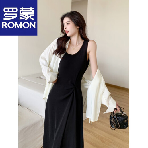 罗蒙（ROMON）小众简约夏装设计感遮肚衬衫防晒外套加背心裙两件套中长款连衣裙 米杏色衬衫+黑色裙子【两件套】 M 80-100斤