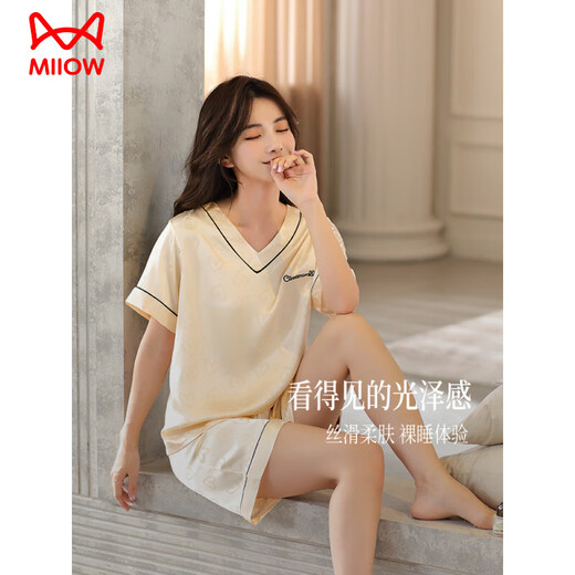 MiiOW-Pyjama für Frauen 2025 neuer Eisseiden-Sommer-Kurzarmanzug für Frauen Sommer sexy Simulation Seide dünn super heiß 1349-sandgrüne kurzärmelige kurze Hose M