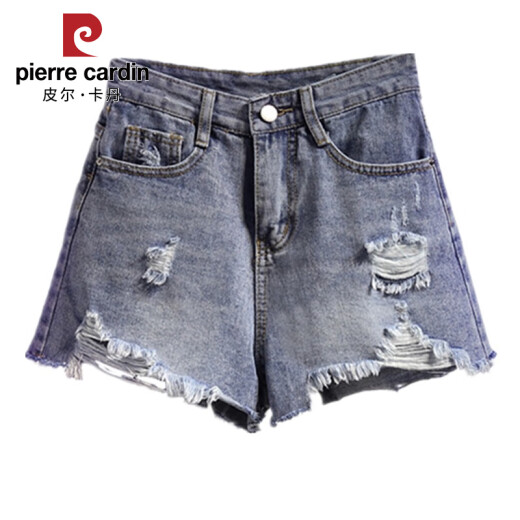 Pier Cardin cortos de mezclilla rasgados para mujeres New Korean Corea Corea Gran Tamaño Gran Tamaño MM Piernas anchas de cintura alta adelgazante Pantalones calientes de línea A azul claro 9767 S [90-100Jin [Jin iguala 0.5 kg]]]