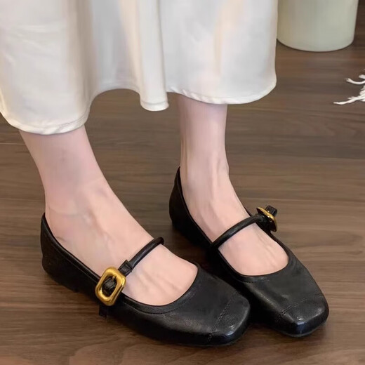 乐卡利软底浅口玛丽珍鞋女2025夏季款通勤百搭一字带单鞋法式复古平底鞋 黑色 卡码拍大 37