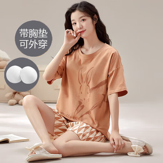 Urban Beauty Summer Short-Sleeved Pajamas Set for Women with Breast Pad All-in-One Home Clothes Spring and Autumn Large Size Thin Style Can Be Weared Outside in Summer GXT1047 2XL (Recommended 130-145 Jin Jin is equal to 0.5 kg)
