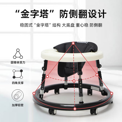 Godmy Baby Walker Anti-O-Leg-Anti-Rolling 2025 Walker Drei-in-Eins-Multifunktionsfaltungsfalt-Trolley Schwarz und Weiß-Anti-O-Leg/Anti-Rolling-Long-Push-Griff