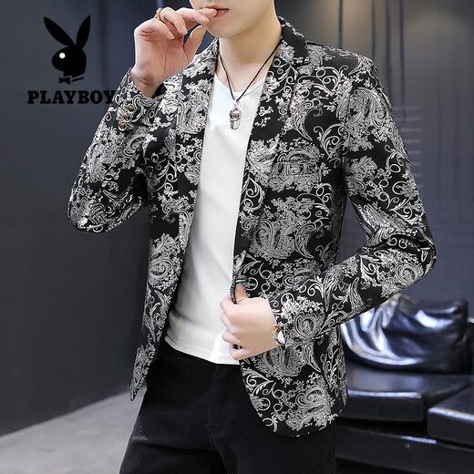 Playboy (PLAYBOY) floral suit men's Korean version slim fit bronzing spring and autumn trendy small suit nightclub hairstylist top trendy jacket 1999 white M
