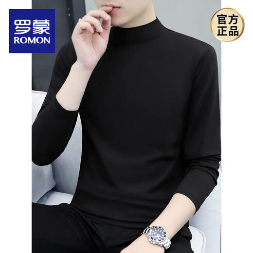 ROMON pure cotton autumn and winter half turtleneck bottoming shirt men's slim fit inner long-sleeved T-shirt mid-collar men's autumn coat outer wear YPT192 black half turtleneck 2XL recommended 145-160Jin Jin equals 0.5 kg