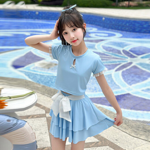 
Girls 2025 new swimsuit set for medium and large children's split skirt swimsuit fashionable girl swimsuit high appearance sky blue 130