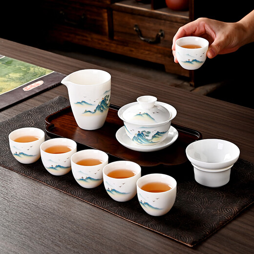 Wilkie Tea Set Tea Maker Full Set Kung Fu Tea Set Complete Set High-end Ceramic Tea Cup Set Jingdezhen Household Tea Set Tea Set Wanli Jiangshan Ten-Head Gold Gift Box