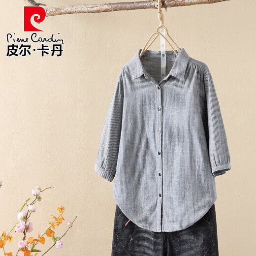 皮尔卡丹（pierre cardin）轻奢高档纯棉衬衫女双层棉纱夏季五分袖上衣条纹柔软亲肤透气上衣 灰色条纹 XX6623 M 建议115-135斤