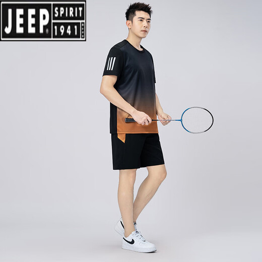 Jeep Spirit Quick Dry Sports Set Herren Badminton Kleidung plus Fett plus großer Sommer Casual Lose Laufen Kurzarm zwei Keule-Blau 9902 L 90-110jin [Jin gleich 0,5 kg]