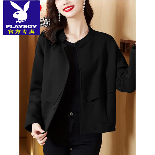 花花公子（PLAYBOY）中年妈时尚洋气外套女2025春秋装新款大号宽松休闲短款上衣 黑色 S