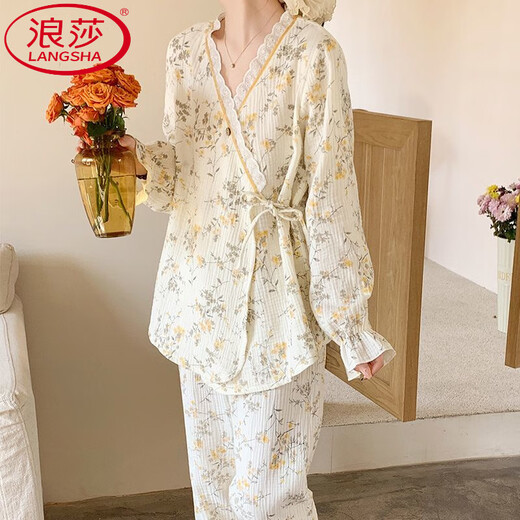 Langsha-Begrenzungsbekleidung Frühling, Herbst und Sommer nach der Geburt dünne reine Baumwollgaze Schwangere Frauen Pyjamas Stillen und Fütterung Hauskleidung reines Baumwoll Gaze: A1047 M Empfohlen 90-115 Jin [Jin gleich 0,5 kg] Verschleiß]