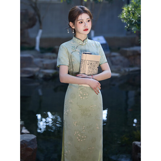 赛曼蝶高考旗开得胜妈妈旗袍女绿色旗袍2025新款夏季年轻款长款清新棉麻 826绿色棉麻 M