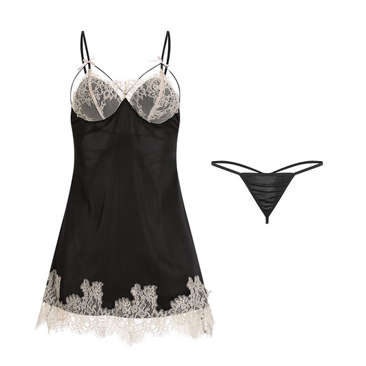 [Pyjamas doux en dentelle sexy avec pavé de poitrine Satin Satin de nuit à la maison Ensemble 1048 1048 Black (Nightskirt + T pantalon) M (80-105Jin [Jin est égal à 0,5 kg]))