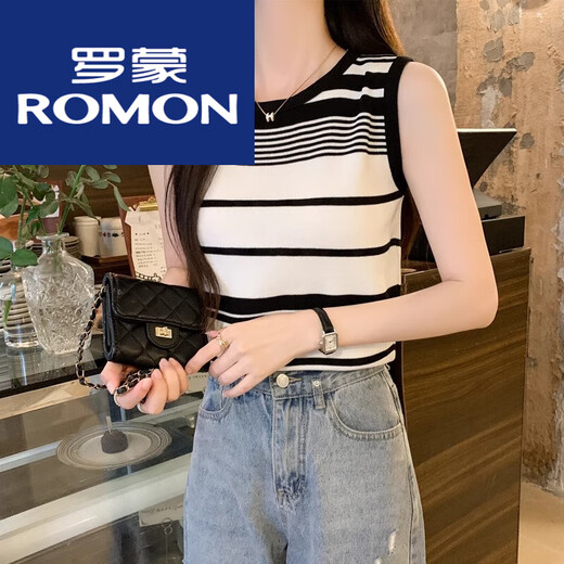 Romon Light Luxury Women's Striped Knitted Sling Vest for Women Outdoor 2025 Summer New Base-Inner Sleeveless Top Trendy Black All Size
