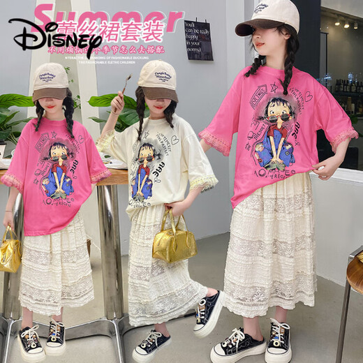 Disney (Disney) Girls Summer Suit Set 2025 New Fashionable Children's Summer Sleeveless Vest Girl Polka Dot Wide Leg Pants Two-piece Set 6627 Apricot Top + Skirt 120 cm