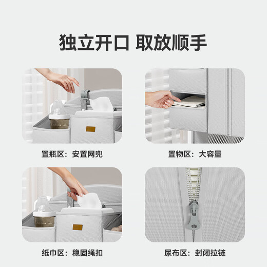 ABCMOKOO618大促婴儿床挂收纳袋多功能尿布台置物收纳挂篮床边尿不湿挂袋 莫兰迪灰(魔法收纳_8大分区)