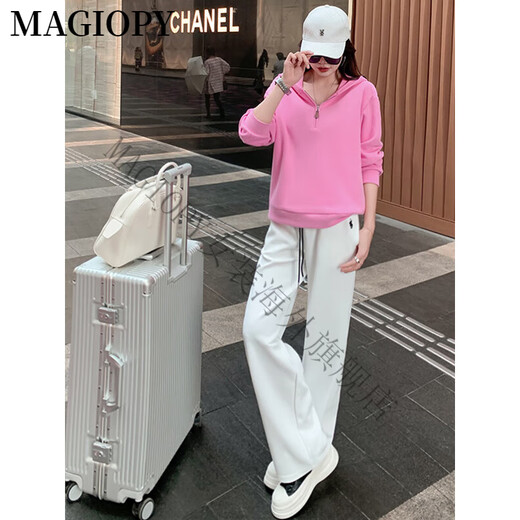 Magiopy International Luxus High-End-Marke Salt Fried Street Casual Sports Set Frauen Frühling 2025 Neue Langarm-Kapuzen-Sweatshirt Pink Top + White Hosen S (100jin [Jin entspricht 0,5 kg]))