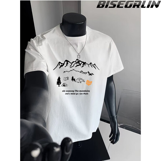 比斯格林BISEGRLIN白色T恤男短袖夏季新款纯棉大码宽松上衣简约百搭半截袖 白色-K1283黑图 L