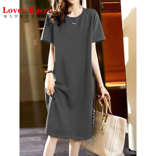 Amante rucci gran tamaño de algodón puro vestido de manga corta para mujeres verano suelto de camiseta delgada falda falda que reduce la edad de la edad de la edad gris oscuro (695 modelos) m