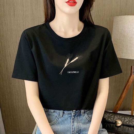 以纯YISHION浅粉色纯棉短袖t恤女士宽松气质减龄印花半袖夏装2025年新款上衣 6172皮粉 短袖 M (建议80-105斤)