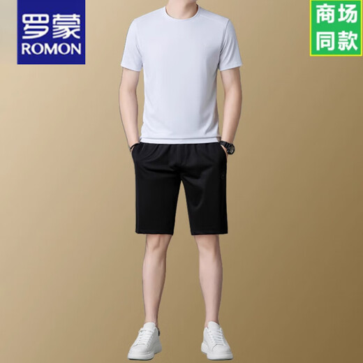 Camiseta de manga corta de Romon para hombres Reduck Round Casual Sports Traje transpirable de dos piezas Summer 2025 Nuevo pantalones Traje de pantalones cortos grises 13601 M 165