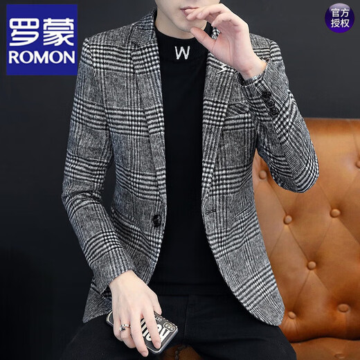 ROMON осенне-зимний утепленный шерстяной костюм, мужской корейский стиль, модный тонкий клетчатый костюм, повседневный шерстяной маленький пиджак 210, цвет хаки плюс бархат L