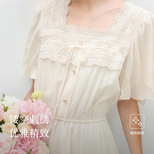 秋水伊人法式方领收腰裙子2025夏季新款女装泡泡袖蕾丝花边连衣裙 米白 S